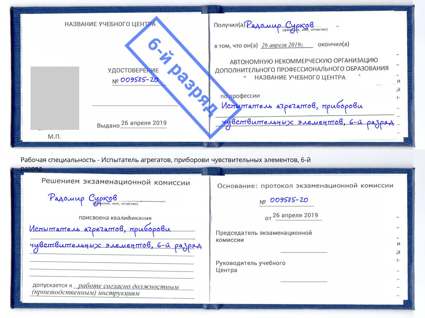корочка 6-й разряд Испытатель агрегатов, приборови чувствительных элементов Балаково
