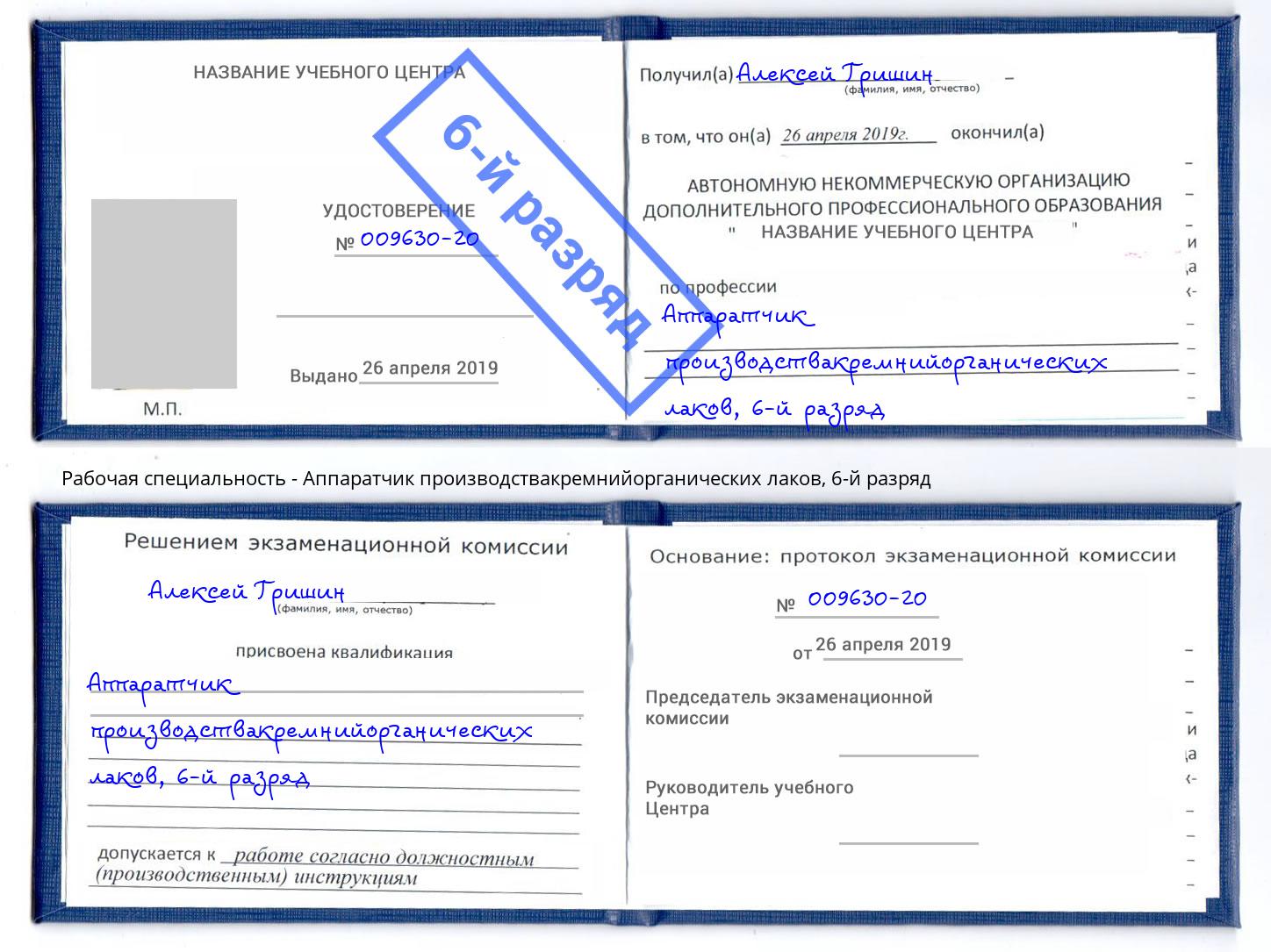 корочка 6-й разряд Аппаратчик производствакремнийорганических лаков Балаково