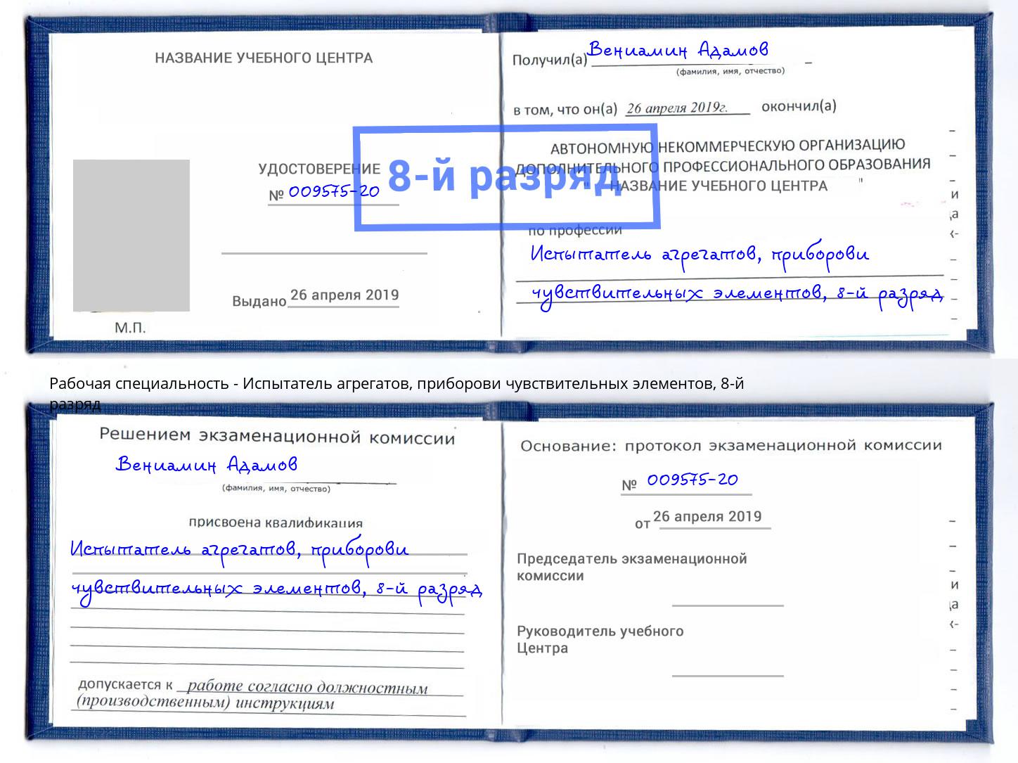 корочка 8-й разряд Испытатель агрегатов, приборови чувствительных элементов Балаково